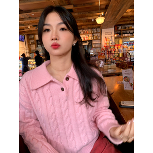 粉色麻花 领毛线衣可外穿2025新款 落落狷介 毛衣可外穿内搭POLO衫