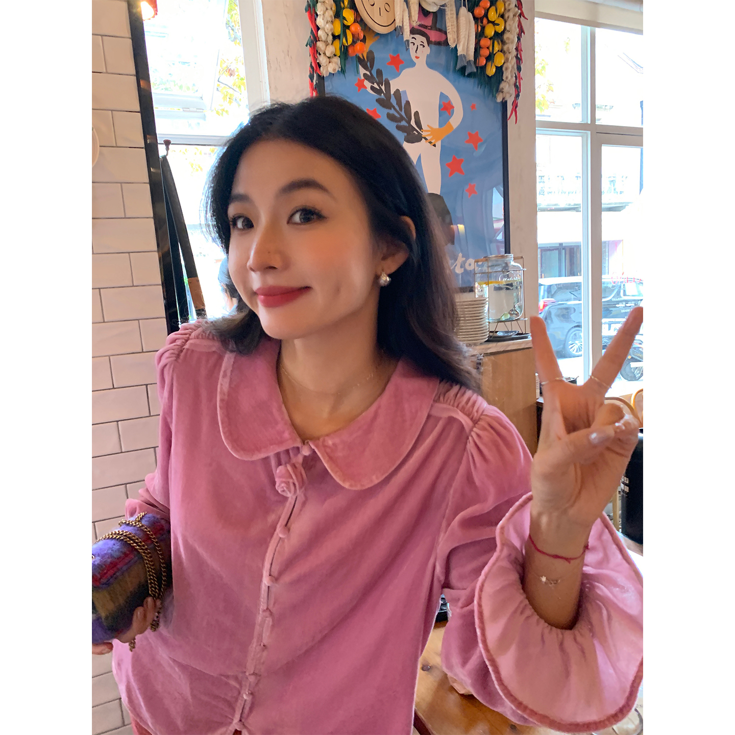 落落狷介泡泡袖紫色丝绒衬衫女