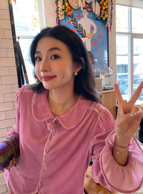 落落狷介 衬衫女款2025新款紫色丝绒复古新中式上衣泡泡袖小个子