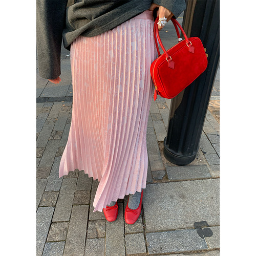 落落狷介松紧腰粉色百褶裙女