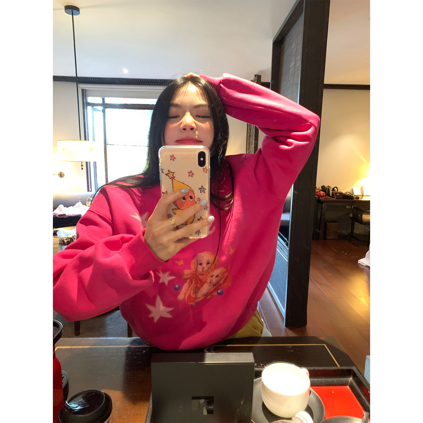 落落狷介卫衣女设计感小众玫红色2026年早春新款套头圆领外套春装