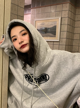 落落灰色加绒加厚卫衣2025新款女潮ins连帽套头bf 慵懒风宽松韩版