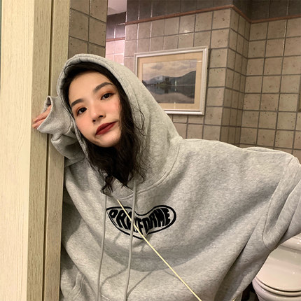 落落灰色加绒加厚卫衣2024新款女潮ins连帽套头bf 慵懒风宽松韩版