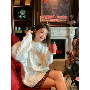 设计感小众宽松套头 慵懒风2025新款 落落狷介 白色麻花毛衣女秋冬