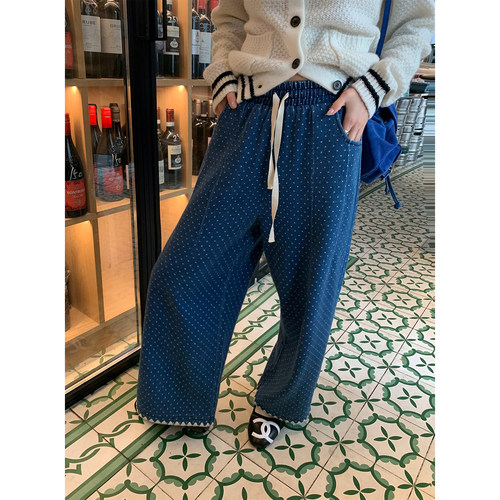 落落狷介刺绣松紧腰牛仔裤女