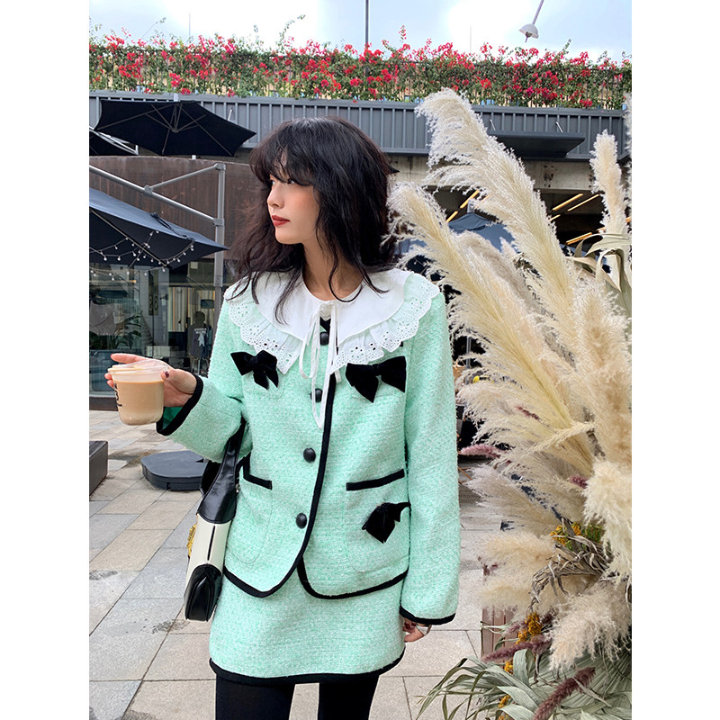 落落狷介 小香风套装2025年新款时尚套装女浅绿色套装裙毛呢外套,女装/女士精品,时尚套装,淘宝优惠券,粉丝福利购,淘宝优惠卷