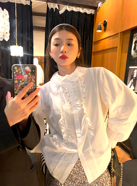 落落狷介白色衬衫女上衣2025年新款设计感长袖木耳边法式蕾丝衬衣