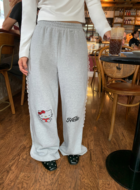 落落狷介裤子宽松bf慵懒风灰色刺绣蕾丝卫裤女2025早秋新款松紧腰