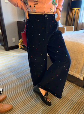 落落狷介刺绣裤子宽松bf慵懒风2025新款秋季灯芯绒阔腿裤女小个子