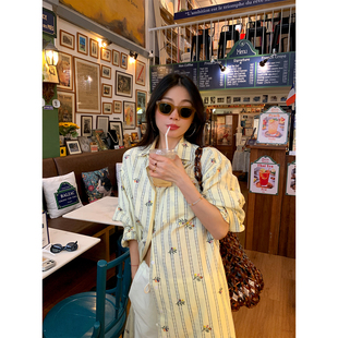 裙小个子条纹裙子长袖 落落狷介棉麻连衣裙女2026新款 碎花刺绣衬衫