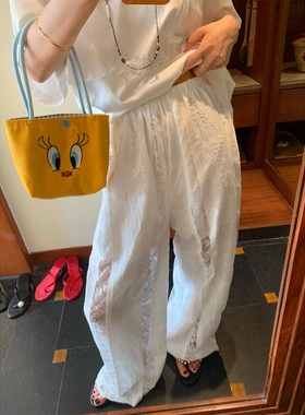 落落狷介 白色裤子女款夏2026新款松紧腰蕾丝镂空阔腿裤小个子女