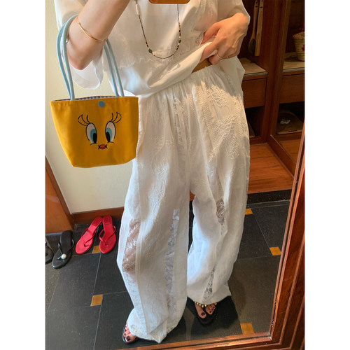 落落狷介白色蕾丝镂空阔腿裤女
