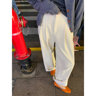 百搭秋冬小个子裤 女2025年新款 子高腰 白色灯芯绒阔腿裤 落落狷介