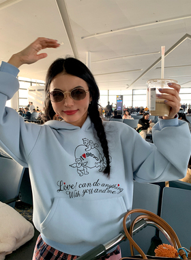 落落狷介加绒加厚卫衣女连帽套头小个子外套2025年新款设计感蓝色