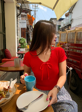 落落狷介短袖红色冰丝针织衫女2025新款设计感上衣小个子修身套头