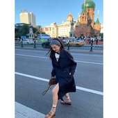 藏青色小个子收腰双排扣中长款 落落狷介 风衣外套女2024春秋新款