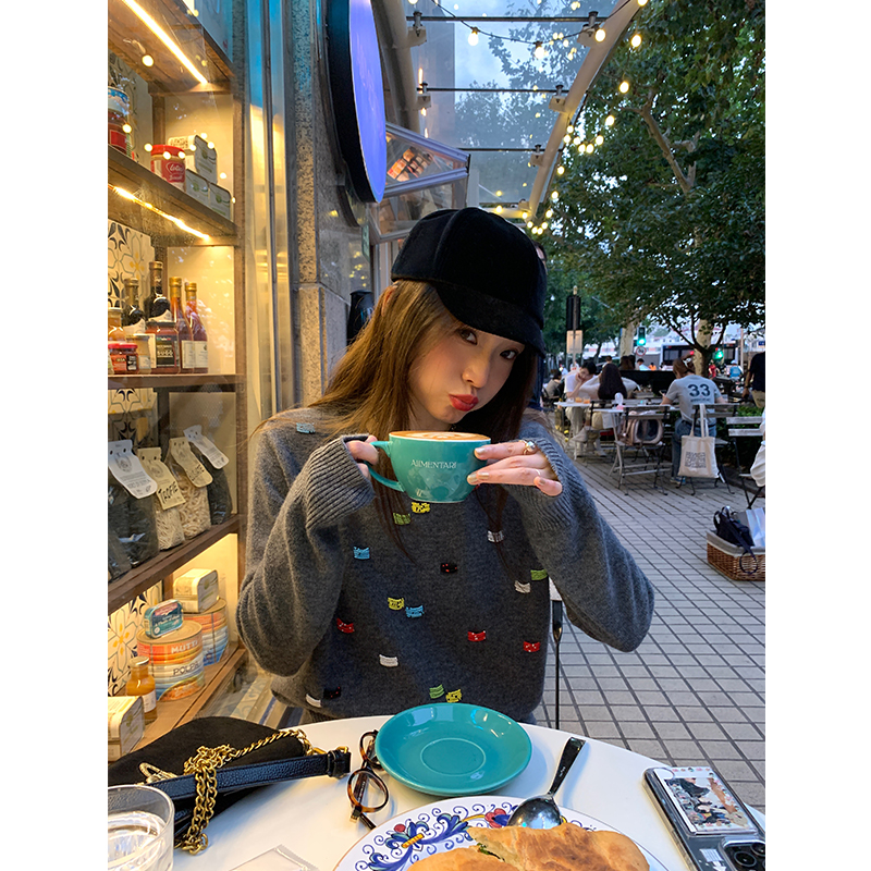落落狷介 毛衣女款2024新款冬季全羊毛灰色毛线衣小个子灰色钉珠