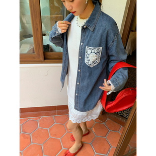 落落狷介 蕾丝拼接上衣小个子宽松牛仔衣小众 牛仔外套女2025新款