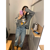 女秋冬2025年新款 T恤打底衫 印花宽松上衣小个子 灰色长袖 落落狷介