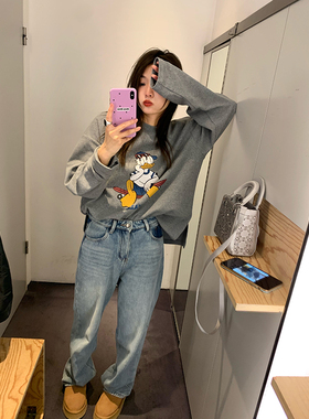 落落狷介 灰色长袖T恤打底衫女秋冬2025年新款印花宽松上衣小个子