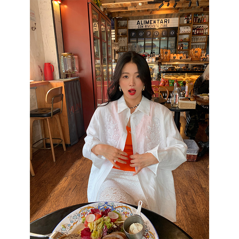 落落狷介 衬衫女高级感轻奢减龄洋气白色钉珠亚麻上衣2025年新款