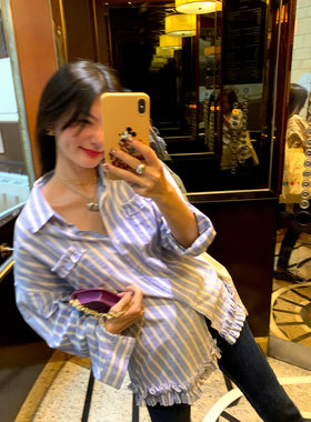 落落狷介 2025早秋上新女装蓝色条纹衬衫女小个子长袖上衣设计感