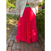 落落狷介半身裙女夏玫红色2025年新款 蛋糕裙小个子木耳边拼接纱裙