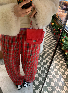 落落狷介 裤子女2025新款秋冬加绒红色宽松系带格子阔腿裤小个子