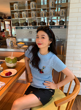 落落狷介短袖钉珠毛衣女设计感