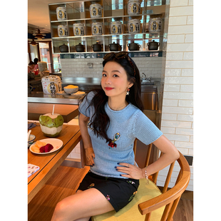 蓝色刺绣钉珠上衣小个子小众 套头毛衣女2025年新款 落落狷介 短袖