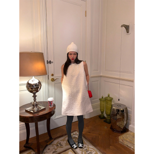 落落狷介白色连衣裙2024新款 裙子 女秋冬小个子亮片拼接小香风无袖