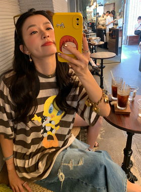 落落狷介 短袖女t恤2025新款条纹印花宽松上衣冰丝夏日ootd穿搭