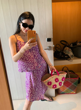 落落狷介 夏日穿搭一整套紫色印花套装裙女两件套小众吊带+半身裙