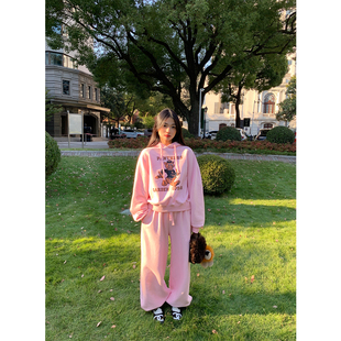 束脚卫裤 落落狷介 女粉色加绒卫衣两件套 2025新款 宽松 运动套装