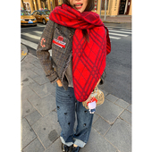 2025新款 落落狷介 围巾女款 冬红色格子印花保暖仿羊绒百搭护颈