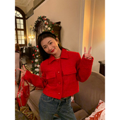 落落狷介红色短款 毛呢外套女2025年新款 秋冬小个子小香风羊毛外套