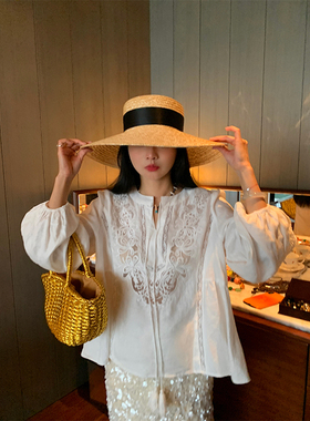 落落狷介亚麻上衣女2025年新款宽松白色刺绣镂空衬衫长袖开春小众