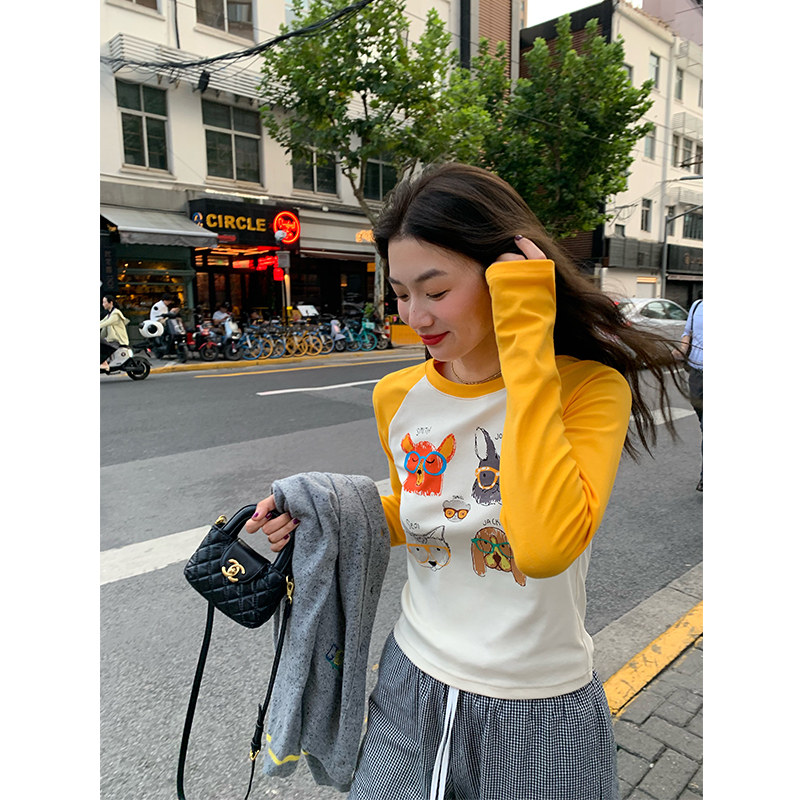 落落狷介初秋长袖黄色T恤女