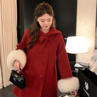 杨小卷富家千金蝴蝶结双面羊绒大衣女中长款狐狸毛斗篷羊毛呢外套