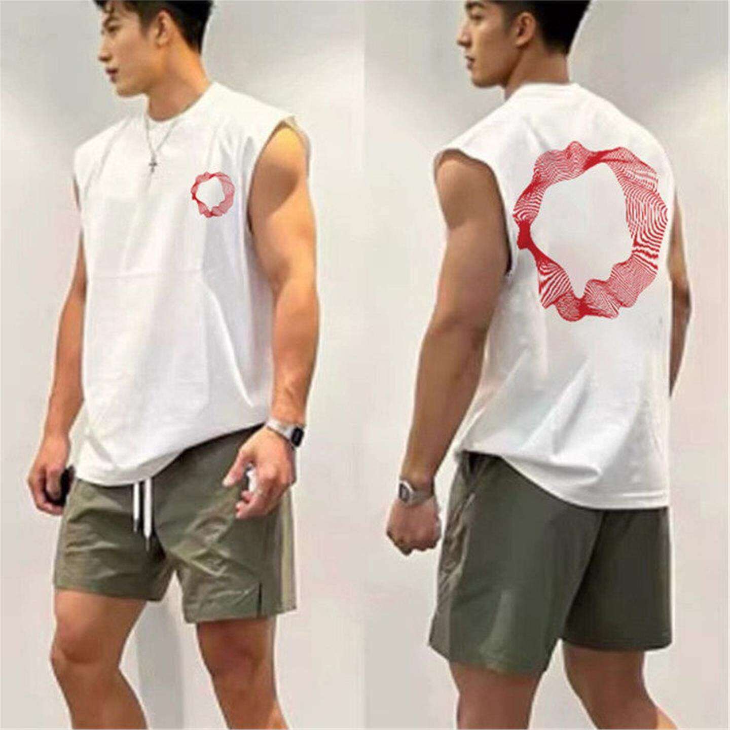 美式街头设计感几何印花背心男夏季宽松大码潮流无袖t恤嘻哈上衣