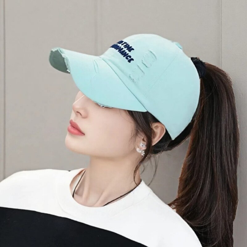 夏季半空顶棒球帽女新款破洞软顶时尚潮流可扎高马尾透气遮阳鸭舌