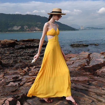 度假风百褶长裙雪纺纯色压褶