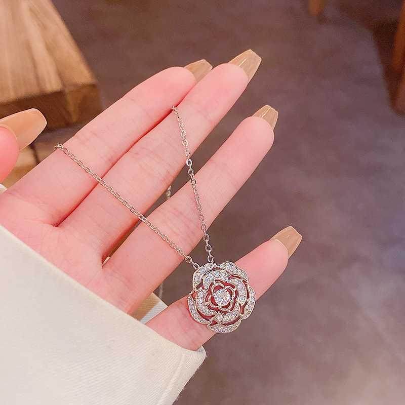 韩国新款微镶百搭山茶花钛钢项链女ins潮小众轻奢个性气质锁骨链