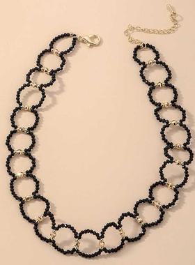 简约黑色圆圈珠子小众项圈Y字水钻锁骨链欧美ins风高级时尚项链女