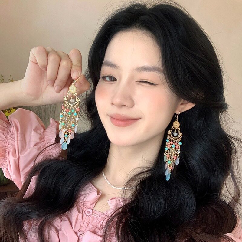 闪耀波西米亚彩色羽毛流苏耳环小众民族风气质耳钩高级感百搭耳饰