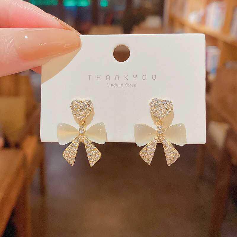 S925银针精致满钻蝴蝶结耳环女轻奢小众高级设计感猫眼石耳钉耳饰