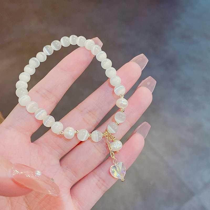 ins潮小众百搭猫眼石珍珠手链女韩国新款水晶爱心吊坠手环手饰品