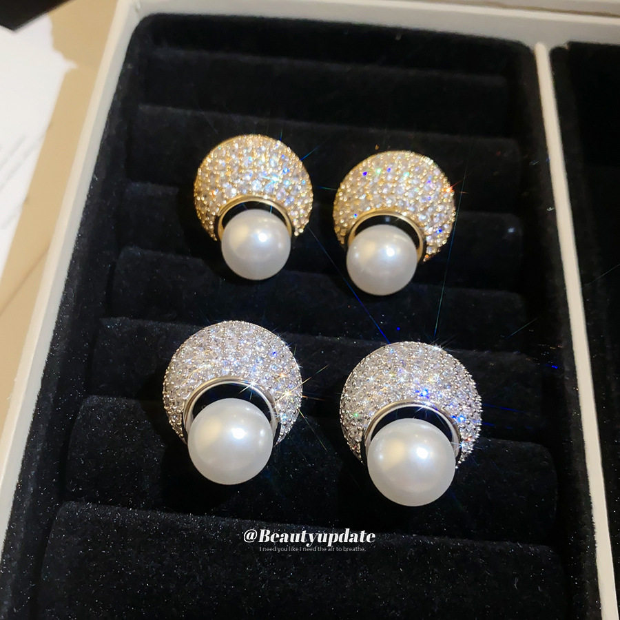 闪耀18k真金电镀锆石圆形珍珠耳钉法式复古精致耳环轻奢高级感