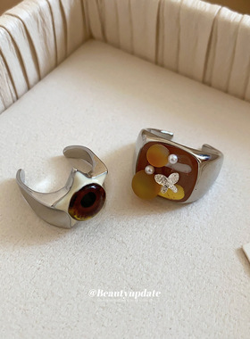 闪耀美拉德风树脂几何方形珍珠开口戒指小众设计感食指戒简约时尚