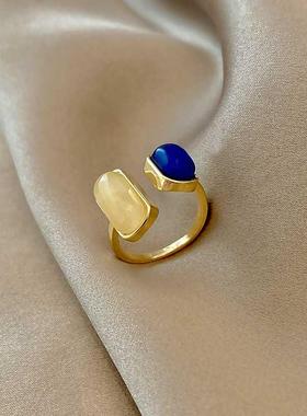 ins韩国新款个性方形滴油蓝色戒指女简约轻奢指环网红同款食指戒